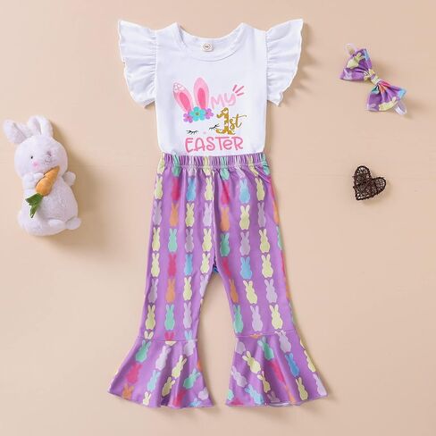 Newborn Baby Girl Easter Outfit Ruffle My 1st Easter Romper Bodysuit Bunny Flared Pants Headband Set 0-18M in Saudi Arabia
