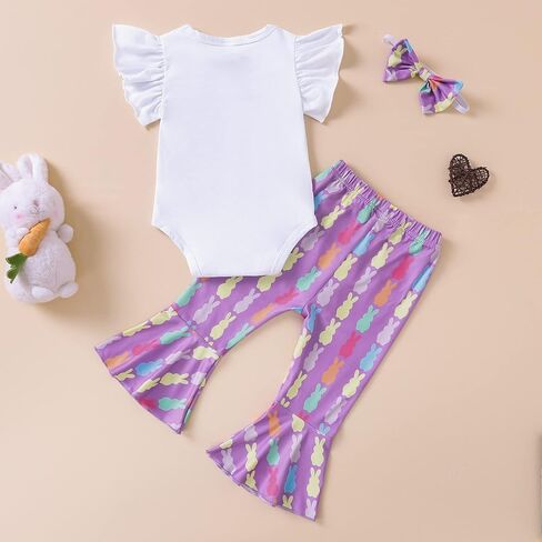 Newborn Baby Girl Easter Outfit Ruffle My 1st Easter Romper Bodysuit Bunny Flared Pants Headband Set 0-18M in Saudi Arabia