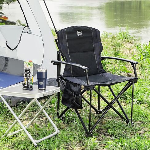 كرسي تخييم قابل للطي من تيمبر ريدج مع مسند ذراع صلب مبطن وحامل أكواب للاستخدام في الهواء الطلق، والتخييم، وصيد الأسماك، والمشي لمسافات طويلة، والحديقة، بما في ذلك حقيبة الحمل، والألومنيوم، أسود in Kuwait