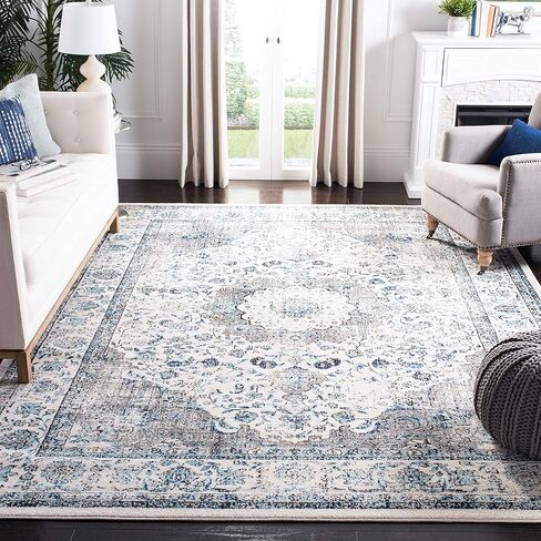 سجادة منطقة SAFAVIEH Evoc Collection - 8 × 10 بوصة، عاجي وأزرق، تصميم ميدالية شرقية أنيقة، لا يتساقط ويسهل العناية بها، مثالية للمناطق ذات حركة المرور العالية في غرفة المعيشة وغرفة النوم (EVK220C) in Kuwait