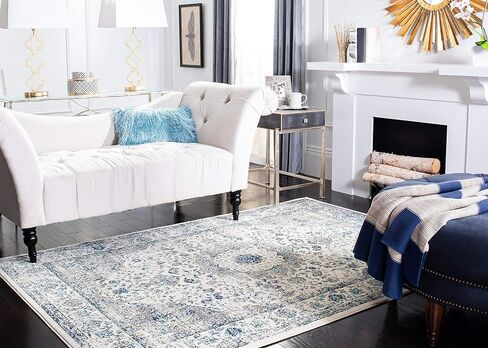 سجادة منطقة SAFAVIEH Evoc Collection - 8 × 10 بوصة، عاجي وأزرق، تصميم ميدالية شرقية أنيقة، لا يتساقط ويسهل العناية بها، مثالية للمناطق ذات حركة المرور العالية في غرفة المعيشة وغرفة النوم (EVK220C) in Kuwait