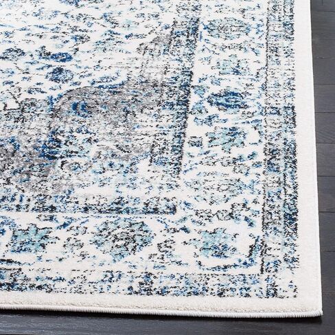 سجادة منطقة SAFAVIEH Evoc Collection - 8 × 10 بوصة، عاجي وأزرق، تصميم ميدالية شرقية أنيقة، لا يتساقط ويسهل العناية بها، مثالية للمناطق ذات حركة المرور العالية في غرفة المعيشة وغرفة النوم (EVK220C) in Kuwait