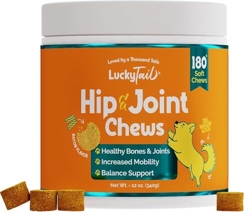 مكمل LuckyTail's لتخفيف آلام المفاصل للكلاب - الجلوكوزامين كوندرويتين للكلاب المصنوع في الولايات المتحدة الأمريكية - الكركم، وجبة بذور القنب، زيت القنب البكر، حمض الهيالورونيك - مكمل التهاب مفاصل الكلاب - 180 مضغ ناعم in Kuwait
