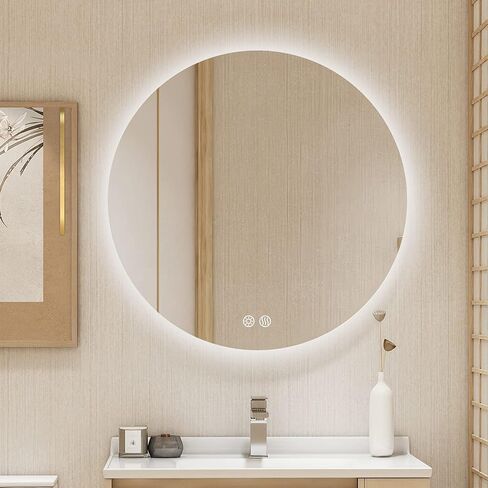 BuLife 24 بوصة جولة LED مرآة الحمام الخلفية المضادة للضباب 3 ألوان ضوء عكس الضوء الحائط مضاءة الحمام الغرور مرآة مرآة ماكياج ذكية مع مفتاح اللمس in Kuwait