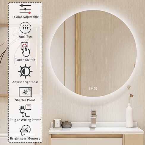 BuLife 24 بوصة جولة LED مرآة الحمام الخلفية المضادة للضباب 3 ألوان ضوء عكس الضوء الحائط مضاءة الحمام الغرور مرآة مرآة ماكياج ذكية مع مفتاح اللمس in Kuwait