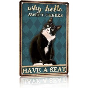 Crazysign Funny Tuxedo Cat Bathroom Sign Why Hello Sweet Cheeks Tin Sign for Bathroom Toilet Wall Decor 12 x 8 Inch (3003)