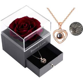 وردة بيضاء محفوظة حقيقية من تيارونيكس - صندوق هدايا الورد الأبدي مع قلادة الورد، هدية وردة طازجة مصنوعة يدويًا لها في عيد الميلاد، والكريسماس، وعيد الأم، وعيد الحب (أبيض) in Kuwait