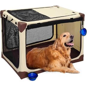 Pecait قفص الكلب القابل للطي، 42 بوصة اضافية كبيرة لينة قفص الكلب المحمولة مع 2 أطباق الكلب قابلة للطي السفر قفص الحيوانات الأليفة، 4 باب شبكة تنفس نافذة قماش أكسفورد دائم في الداخل في الهواء الطلق بيت الكلب - البيج in Kuwait