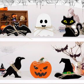 Cute Halloween Tiered Tray Decorations Indoor, 6 Pack Wooden Decor for Home, Halloween Party Decorations Farmhouse Pumpkin Bat Cat Bird Ghost and Wizard Hat Block Sign Decor in Kuwait