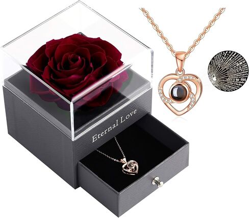 وردة بيضاء محفوظة حقيقية من تيارونيكس - صندوق هدايا الورد الأبدي مع قلادة الورد، هدية وردة طازجة مصنوعة يدويًا لها في عيد الميلاد، والكريسماس، وعيد الأم، وعيد الحب (أبيض) in Kuwait