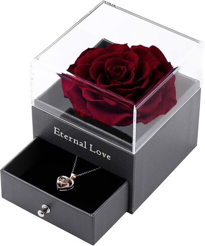 وردة بيضاء محفوظة حقيقية من تيارونيكس - صندوق هدايا الورد الأبدي مع قلادة الورد، هدية وردة طازجة مصنوعة يدويًا لها في عيد الميلاد، والكريسماس، وعيد الأم، وعيد الحب (أبيض) in Kuwait