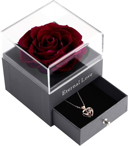 وردة بيضاء محفوظة حقيقية من تيارونيكس - صندوق هدايا الورد الأبدي مع قلادة الورد، هدية وردة طازجة مصنوعة يدويًا لها في عيد الميلاد، والكريسماس، وعيد الأم، وعيد الحب (أبيض) in Kuwait