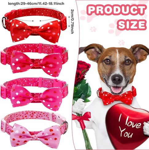 4 Pack Valentine's Day Dog Collar with Bow Tie Cute Heart Collar for Small Dogs Puppy Pet Valentines Day Accessories Holiday Bowtie Dog Collar Pink, Red, Rose Red, Light Pink in Saudi Arabia