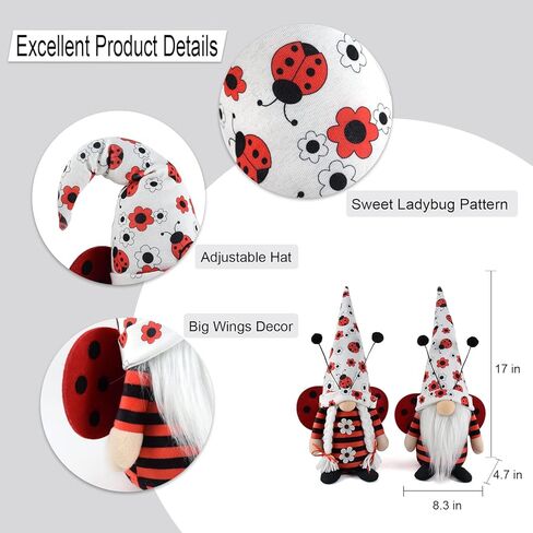 Vytina Red Gnomes Plush Ornament 2PCS Insect Ladybird Gnome Doll Lady Beetle Swedish Tomte Scandinavian Big Ladybug Wings Gonk Christmas Summer Gnome Nisse Gifts Home Decoration in Kuwait