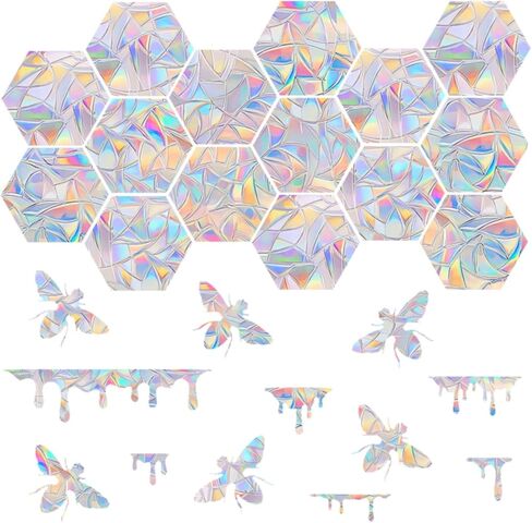 30 Pieces Honeycomb and Bee, Honey Window Clings for Bird Strikes- Anti-Collision Window Decals to Save Birds from Window Collisions,Non Adhesive Prismatic Vinyl Window Clings, Rainbow Stickers in Saudi Arabia