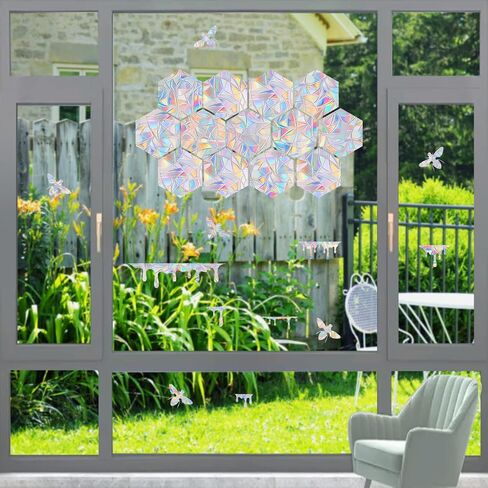 30 Pieces Honeycomb and Bee, Honey Window Clings for Bird Strikes- Anti-Collision Window Decals to Save Birds from Window Collisions,Non Adhesive Prismatic Vinyl Window Clings, Rainbow Stickers in Saudi Arabia