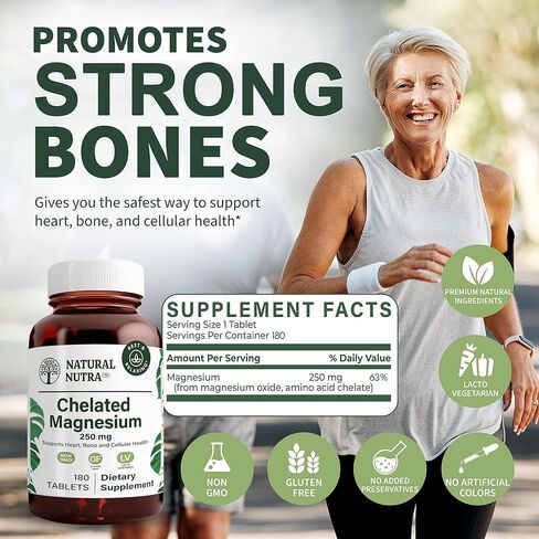 Natural Nutra Chelated Magnesium Oxide Supplement with Chelate for High Absorption, Promotes Strong Bones, Improves Dental, Heart Health, and Energy Levels, 250 mg, 90 Tablets in Saudi Arabia