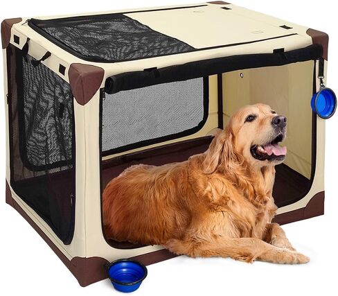 Pecait قفص الكلب القابل للطي، 42 بوصة اضافية كبيرة لينة قفص الكلب المحمولة مع 2 أطباق الكلب قابلة للطي السفر قفص الحيوانات الأليفة، 4 باب شبكة تنفس نافذة قماش أكسفورد دائم في الداخل في الهواء الطلق بيت الكلب - البيج in Kuwait