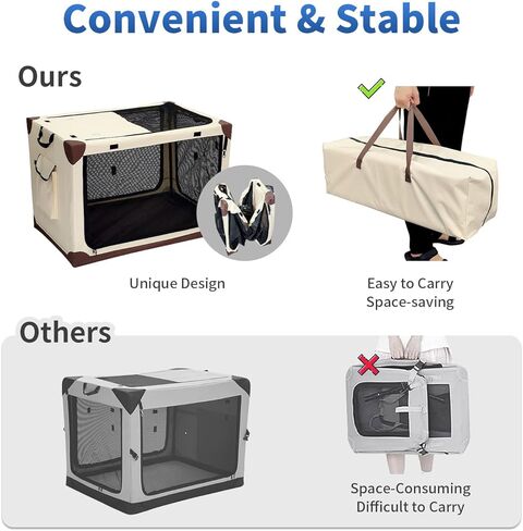 Pecait قفص الكلب القابل للطي، 42 بوصة اضافية كبيرة لينة قفص الكلب المحمولة مع 2 أطباق الكلب قابلة للطي السفر قفص الحيوانات الأليفة، 4 باب شبكة تنفس نافذة قماش أكسفورد دائم في الداخل في الهواء الطلق بيت الكلب - البيج in Kuwait