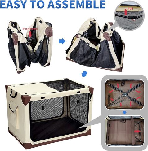 Pecait قفص الكلب القابل للطي، 42 بوصة اضافية كبيرة لينة قفص الكلب المحمولة مع 2 أطباق الكلب قابلة للطي السفر قفص الحيوانات الأليفة، 4 باب شبكة تنفس نافذة قماش أكسفورد دائم في الداخل في الهواء الطلق بيت الكلب - البيج in Kuwait