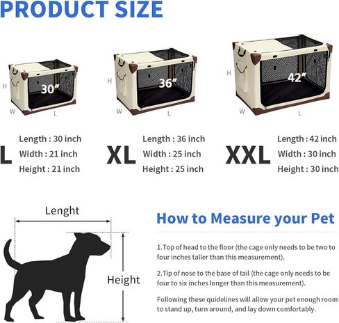Pecait قفص الكلب القابل للطي، 42 بوصة اضافية كبيرة لينة قفص الكلب المحمولة مع 2 أطباق الكلب قابلة للطي السفر قفص الحيوانات الأليفة، 4 باب شبكة تنفس نافذة قماش أكسفورد دائم في الداخل في الهواء الطلق بيت الكلب - البيج in Kuwait