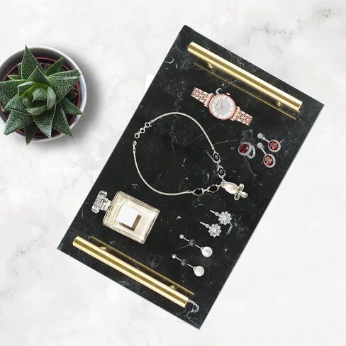 Marble Stone Decorative Tray Handmade Nightstand Tray Jewelry Tray with Copper-Color Metal Handles, Catchall Tray Perfume Tray for Dresser, Counter, Nightstand, Vanity and Desk (Green) in Saudi Arabia