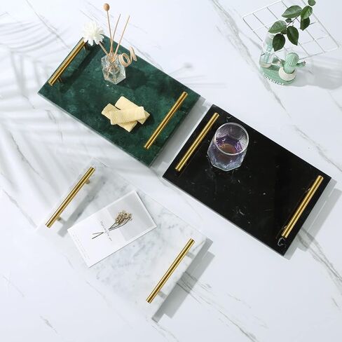 Marble Stone Decorative Tray Handmade Nightstand Tray Jewelry Tray with Copper-Color Metal Handles, Catchall Tray Perfume Tray for Dresser, Counter, Nightstand, Vanity and Desk (Green) in Saudi Arabia