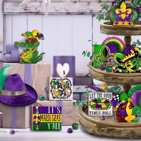uruney mardi gras ديكور صينية متدرجة، ديكورات صينية مزرعة الكرنفال، قناع جراد التمساح فلور دي ليز الخرز تاج علامات خشبية، ريفي ماردي غرا ديكورات المنزل لحفلة رف الطاولة in Kuwait