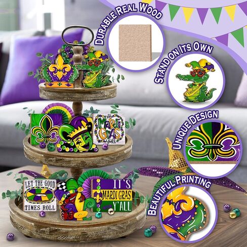 uruney mardi gras ديكور صينية متدرجة، ديكورات صينية مزرعة الكرنفال، قناع جراد التمساح فلور دي ليز الخرز تاج علامات خشبية، ريفي ماردي غرا ديكورات المنزل لحفلة رف الطاولة in Kuwait