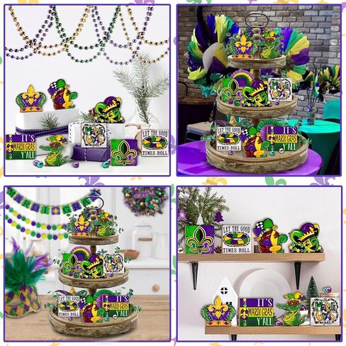 uruney mardi gras ديكور صينية متدرجة، ديكورات صينية مزرعة الكرنفال، قناع جراد التمساح فلور دي ليز الخرز تاج علامات خشبية، ريفي ماردي غرا ديكورات المنزل لحفلة رف الطاولة in Kuwait