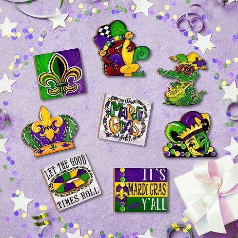 uruney mardi gras ديكور صينية متدرجة، ديكورات صينية مزرعة الكرنفال، قناع جراد التمساح فلور دي ليز الخرز تاج علامات خشبية، ريفي ماردي غرا ديكورات المنزل لحفلة رف الطاولة in Kuwait