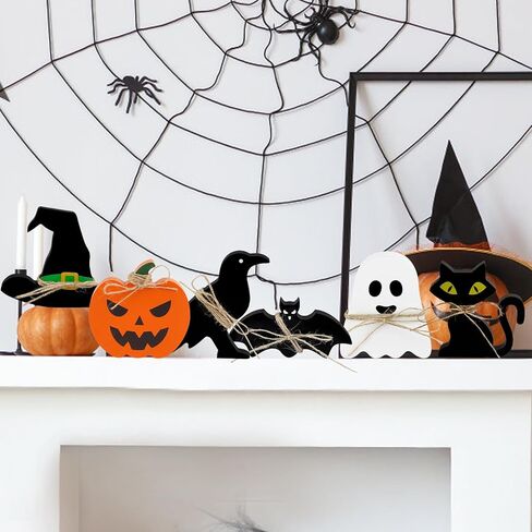 Cute Halloween Tiered Tray Decorations Indoor, 6 Pack Wooden Decor for Home, Halloween Party Decorations Farmhouse Pumpkin Bat Cat Bird Ghost and Wizard Hat Block Sign Decor in Kuwait