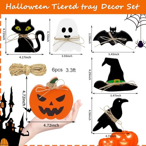 Cute Halloween Tiered Tray Decorations Indoor, 6 Pack Wooden Decor for Home, Halloween Party Decorations Farmhouse Pumpkin Bat Cat Bird Ghost and Wizard Hat Block Sign Decor in Kuwait