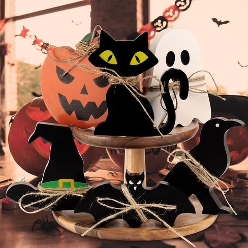 Cute Halloween Tiered Tray Decorations Indoor, 6 Pack Wooden Decor for Home, Halloween Party Decorations Farmhouse Pumpkin Bat Cat Bird Ghost and Wizard Hat Block Sign Decor in Kuwait
