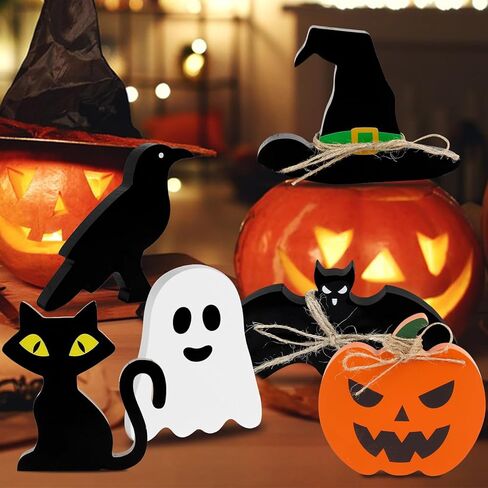 Cute Halloween Tiered Tray Decorations Indoor, 6 Pack Wooden Decor for Home, Halloween Party Decorations Farmhouse Pumpkin Bat Cat Bird Ghost and Wizard Hat Block Sign Decor in Kuwait