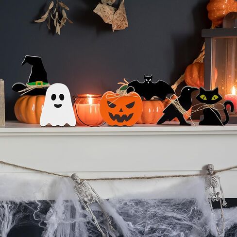 Cute Halloween Tiered Tray Decorations Indoor, 6 Pack Wooden Decor for Home, Halloween Party Decorations Farmhouse Pumpkin Bat Cat Bird Ghost and Wizard Hat Block Sign Decor in Kuwait