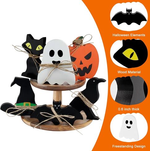 Cute Halloween Tiered Tray Decorations Indoor, 6 Pack Wooden Decor for Home, Halloween Party Decorations Farmhouse Pumpkin Bat Cat Bird Ghost and Wizard Hat Block Sign Decor in Kuwait