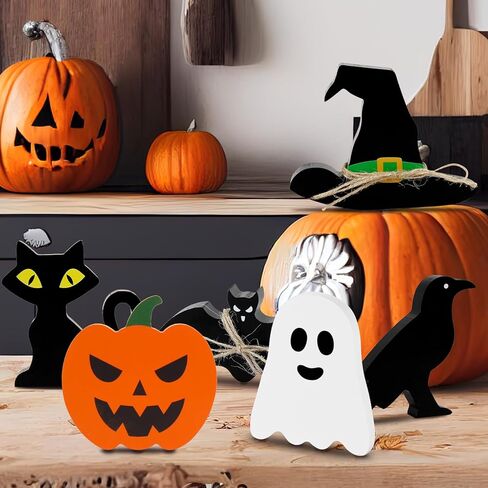 Cute Halloween Tiered Tray Decorations Indoor, 6 Pack Wooden Decor for Home, Halloween Party Decorations Farmhouse Pumpkin Bat Cat Bird Ghost and Wizard Hat Block Sign Decor in Kuwait