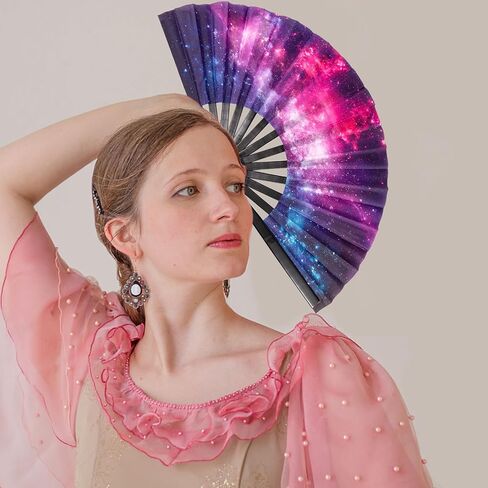 QCWN Black White Rave Fan,Folding Hand Fans,Chinese Fan,Renaissance Fan,Clack Fan,Large Hand Fan For Festivals,Halloween,Burlesque,Drag Queen.Hand Fan Foldable As Rave Outfits Accessories For Women in Saudi Arabia