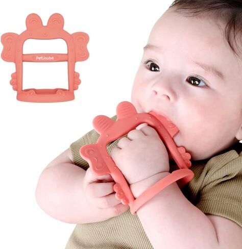 PETINUBE Anti-Dropping Silicone Baby Wrist Teether Soothing Pacifier for Infants 3+ Months Babies, Pack of 1, Made in Korea (Crab-Baby Coral) in Saudi Arabia