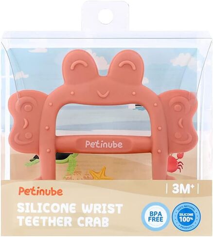 PETINUBE Anti-Dropping Silicone Baby Wrist Teether Soothing Pacifier for Infants 3+ Months Babies, Pack of 1, Made in Korea (Crab-Baby Coral) in Saudi Arabia