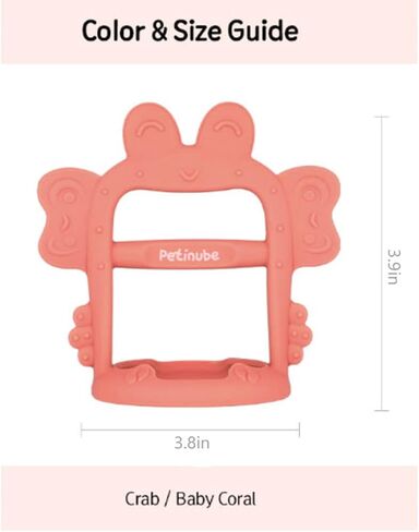 PETINUBE Anti-Dropping Silicone Baby Wrist Teether Soothing Pacifier for Infants 3+ Months Babies, Pack of 1, Made in Korea (Crab-Baby Coral) in Saudi Arabia