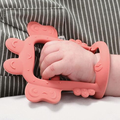 PETINUBE Anti-Dropping Silicone Baby Wrist Teether Soothing Pacifier for Infants 3+ Months Babies, Pack of 1, Made in Korea (Crab-Baby Coral) in Saudi Arabia