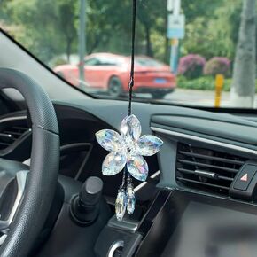 Crystal Flower Car Rear View Mirror Pendant Car Hanging Ornament Lucky Car Accessories, Blue
