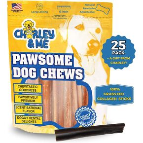 CHARLEY & ME Premium Collagen Sticks for Dogs - Long Lasting Dog Treats, Free Dog Chew Sticks - Hip & Joint Support, Healthy Skin, Shiny Coat - 100% Natural Beef - 6 Inches (Pack of 12) in Saudi Arabia