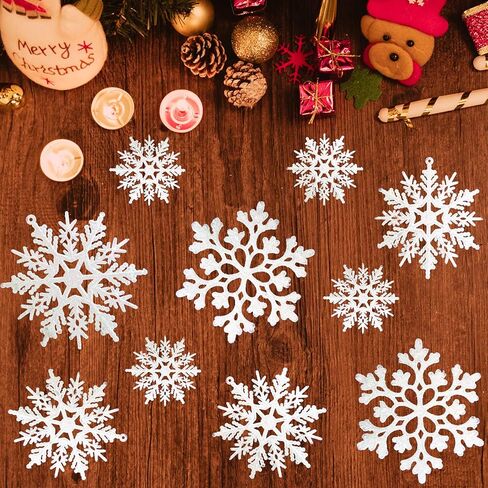 36 قطعة من الحلي البلاستيكية ندفة الثلج، أحجام متنوعة لامعة بيضاء بريق ندفة الثلج عيد الميلاد زينة زينة معلقة لتزيين عيد الميلاد والحرف والزفاف والزخرفة in Kuwait