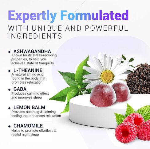 ليلة مزاجية| مكملات أشواغاندا للمساعدة على النوم وتخفيف التوتر، علكات مهدئة للنوم العميق، مع أشواغاندا، بلسم الليمون، غابا، إل- الثيانين والبابونج، 60 قطعة - ويلنيس باث آر إكس وحلول صحية. in Kuwait