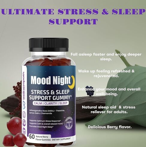 ليلة مزاجية| مكملات أشواغاندا للمساعدة على النوم وتخفيف التوتر، علكات مهدئة للنوم العميق، مع أشواغاندا، بلسم الليمون، غابا، إل- الثيانين والبابونج، 60 قطعة - ويلنيس باث آر إكس وحلول صحية. in Kuwait