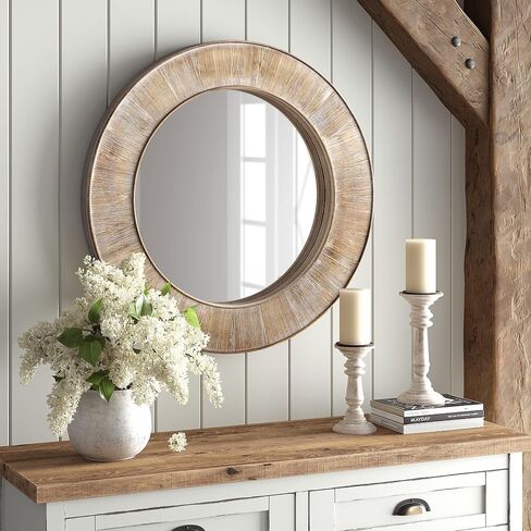 Barnyard Designs 31.5" Rustic Round Wood Mirror, Circular Coastal Farmhouse Wooden Mirror for Bathroom Wall Decor, Brown in Saudi Arabia