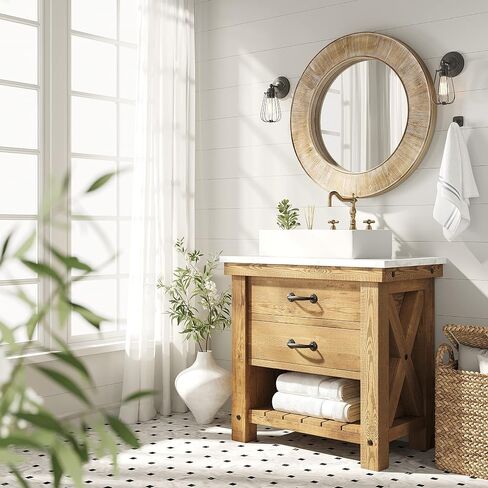 Barnyard Designs 31.5" Rustic Round Wood Mirror, Circular Coastal Farmhouse Wooden Mirror for Bathroom Wall Decor, Brown in Saudi Arabia
